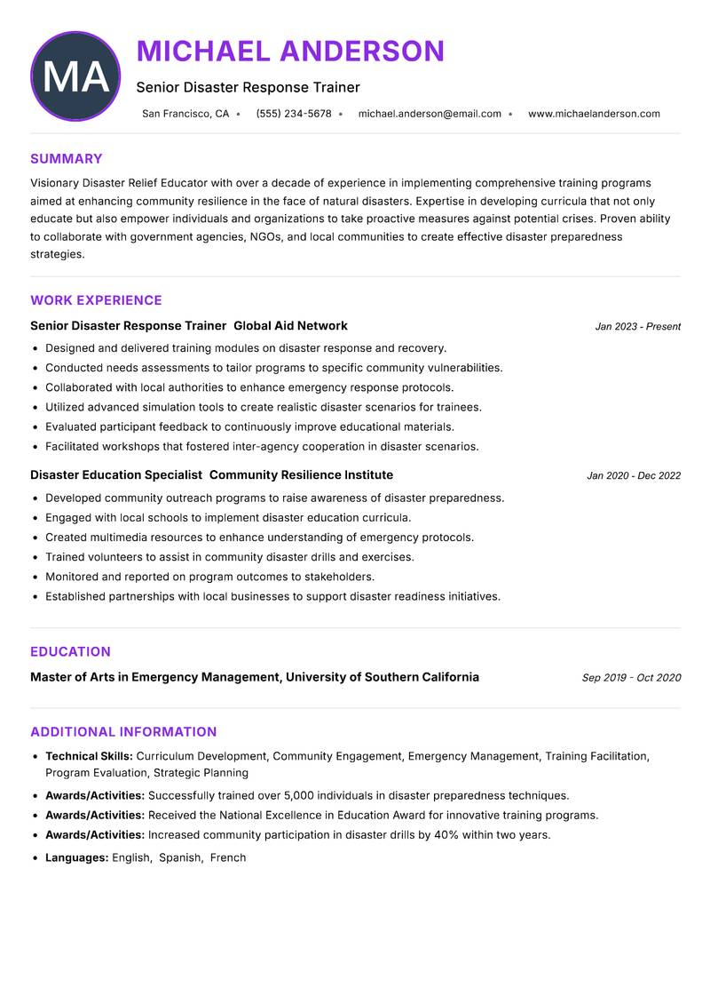 Disaster Relief Educator resume example