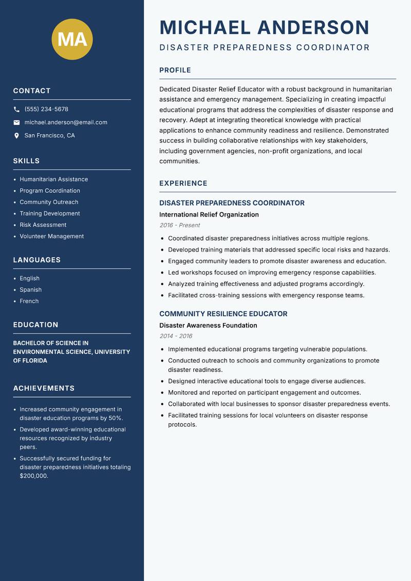 Disaster Relief Educator resume sample — Disaster Preparedness Coordinator focus