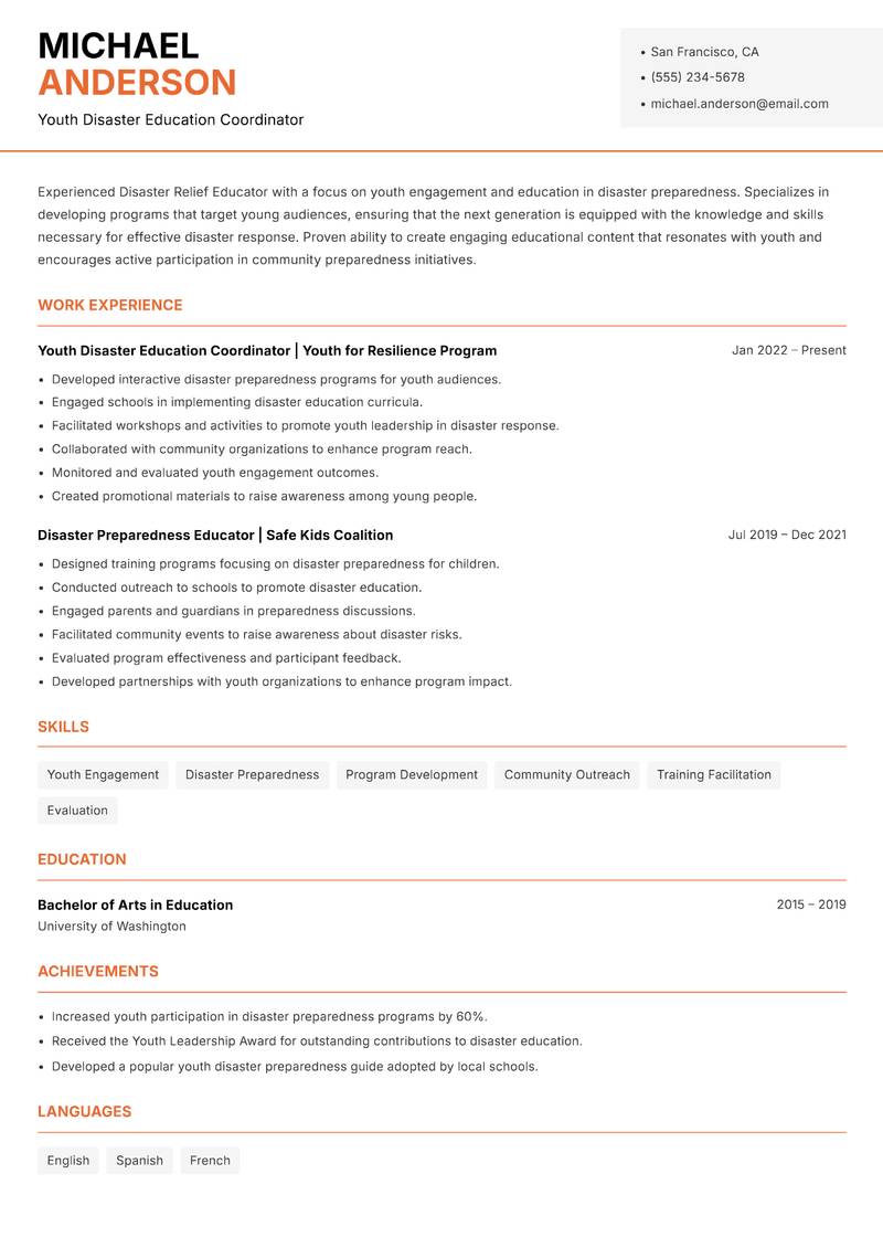Disaster Relief Educator resume sample — Youth Disaster Education Coordinator focus