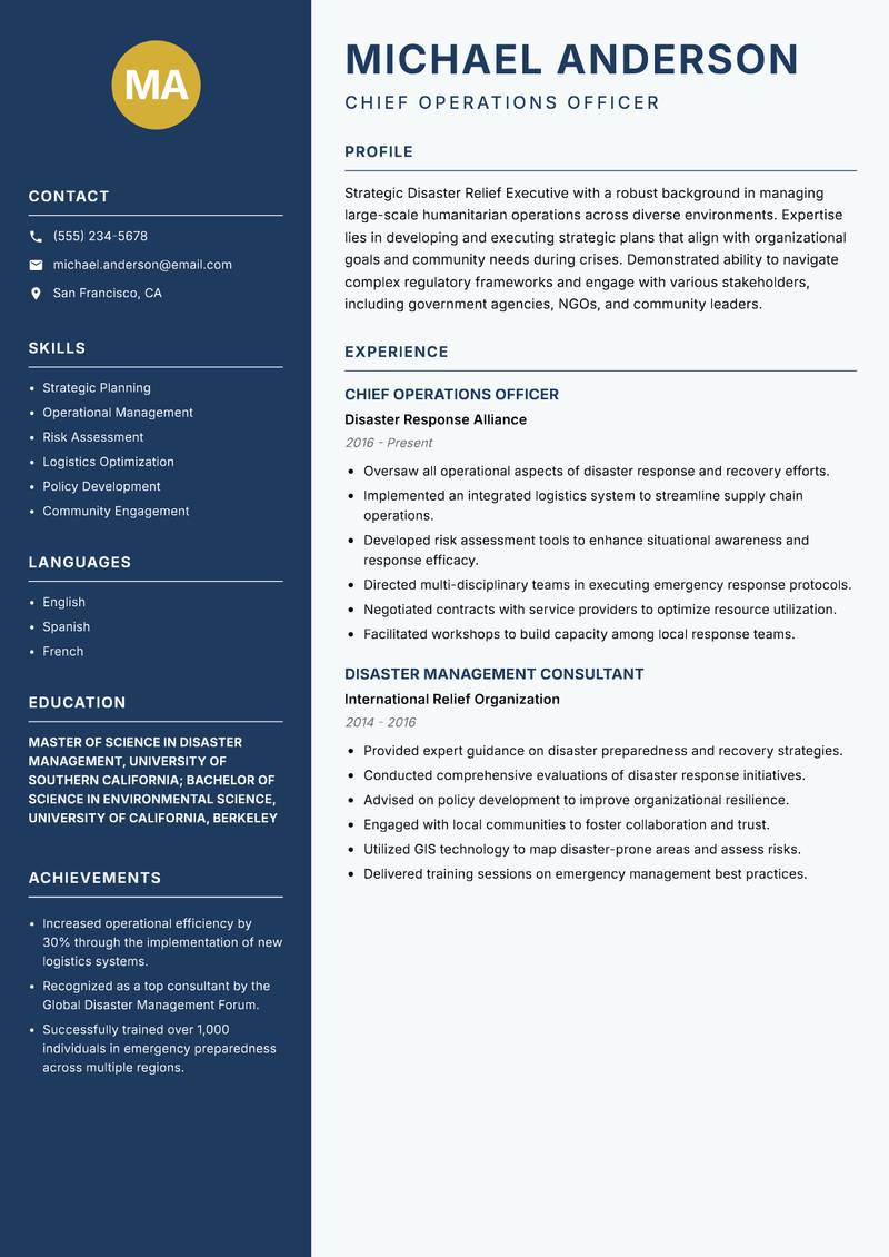 Disaster Relief Executive resume sample — Chief Operations Officer focus