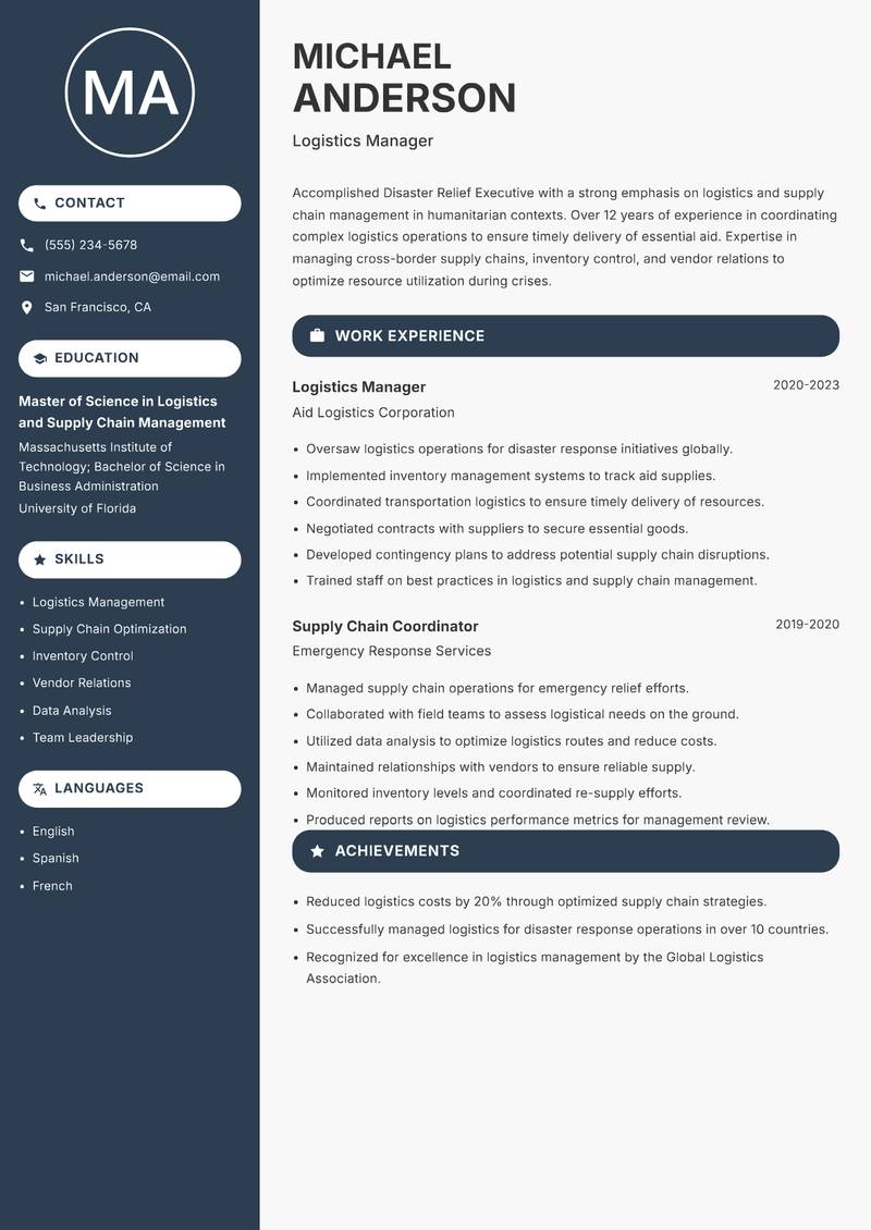 Disaster Relief Executive resume sample — Logistics Manager focus