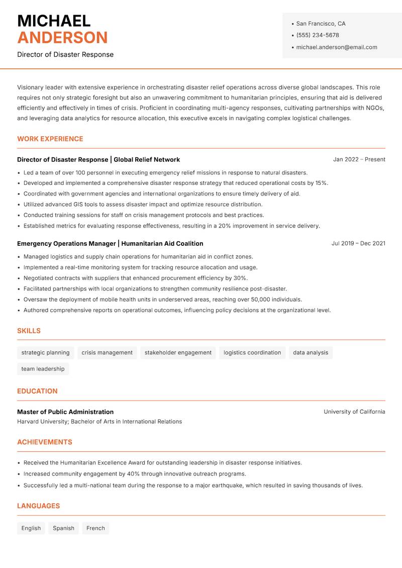 Disaster Relief Executive resume sample — Director of Disaster Response focus