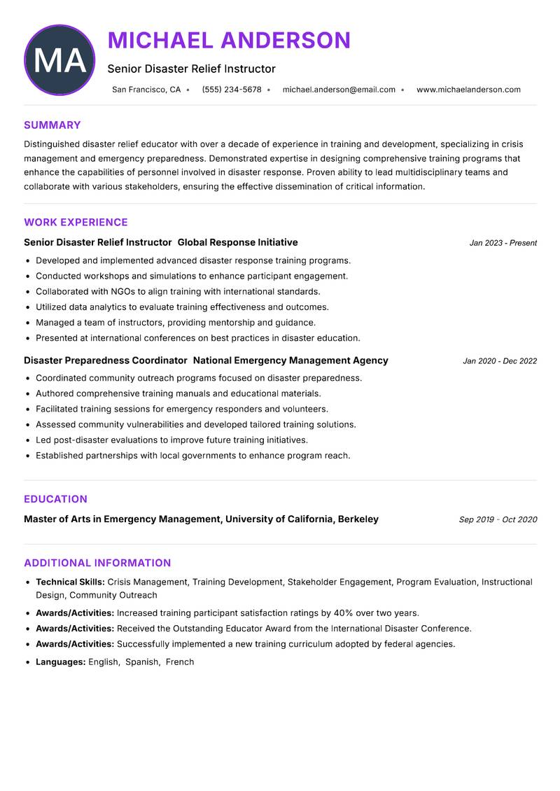 Disaster Relief Instructor resume example