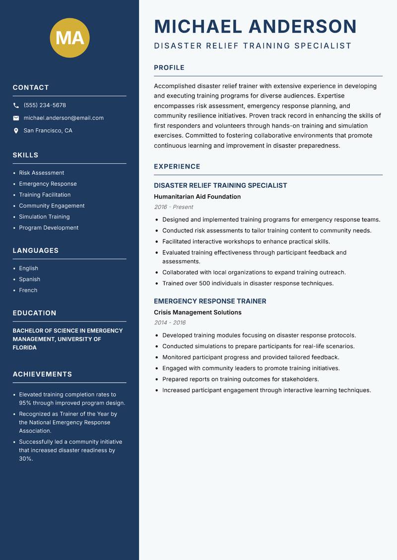 Disaster Relief Instructor resume sample — Disaster Relief Training Specialist focus