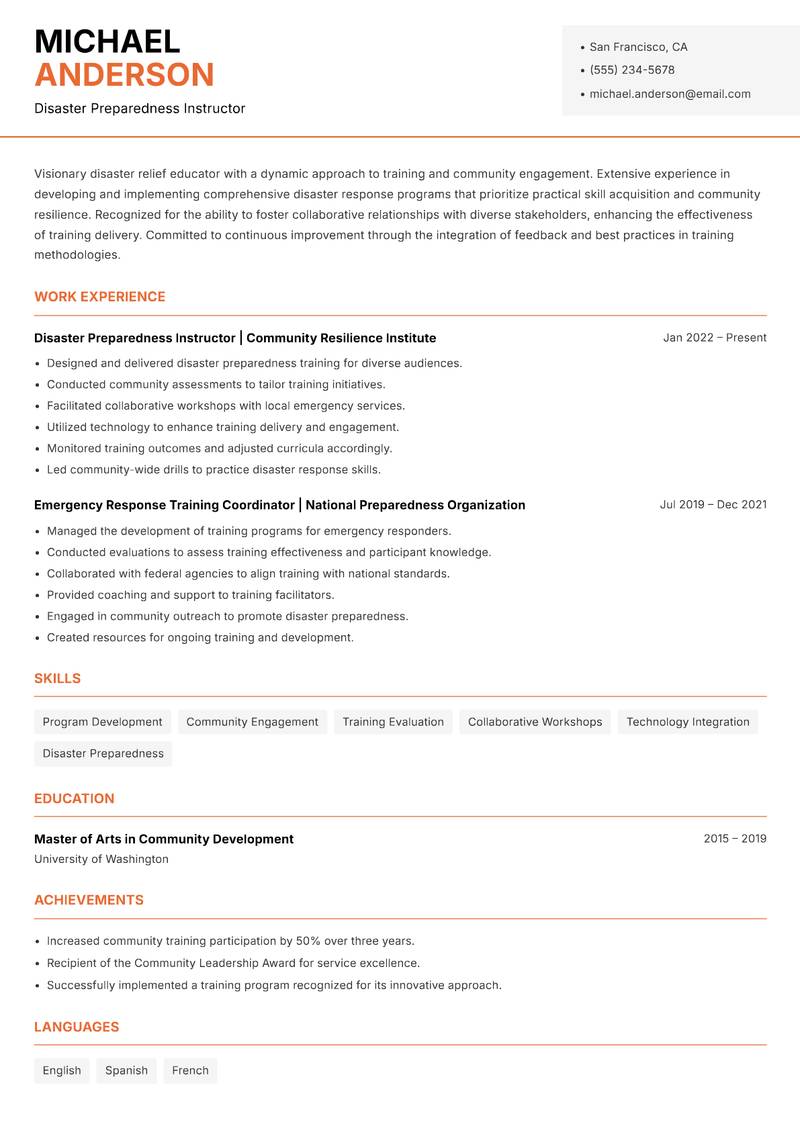 Disaster Relief Instructor resume sample — Disaster Preparedness Instructor focus