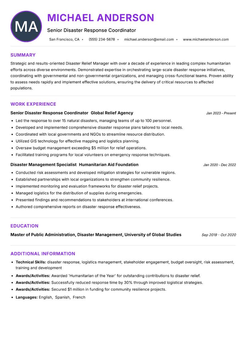 Disaster Relief Manager resume example
