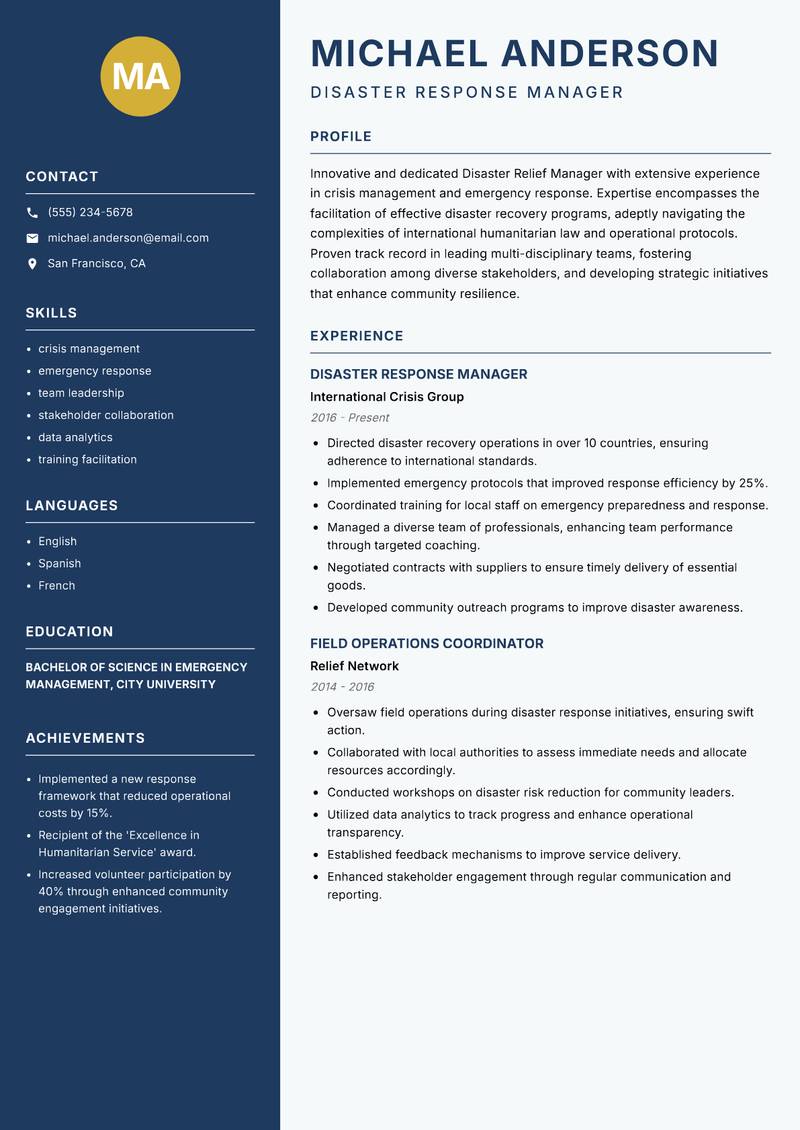 Disaster Relief Manager resume sample — Disaster Response Manager focus