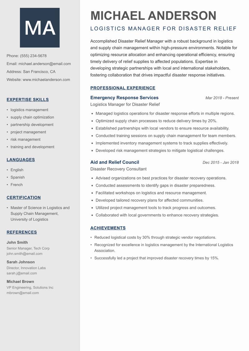 Disaster Relief Manager resume sample — Logistics Manager for Disaster Relief focus