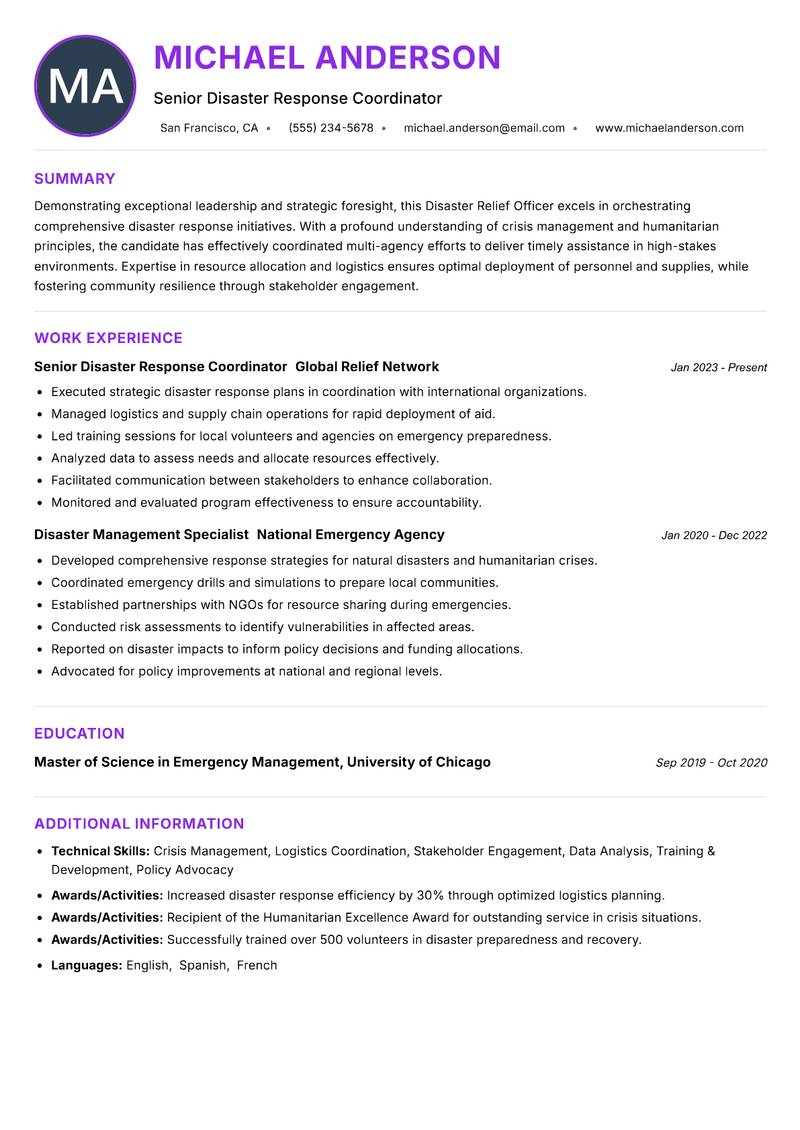 Disaster Relief Officer resume example