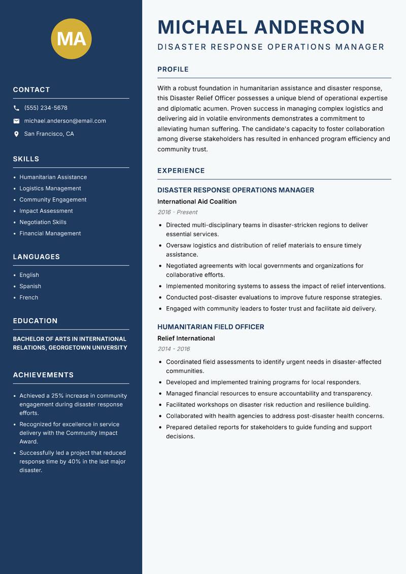Disaster Relief Officer resume sample — Disaster Response Operations Manager focus