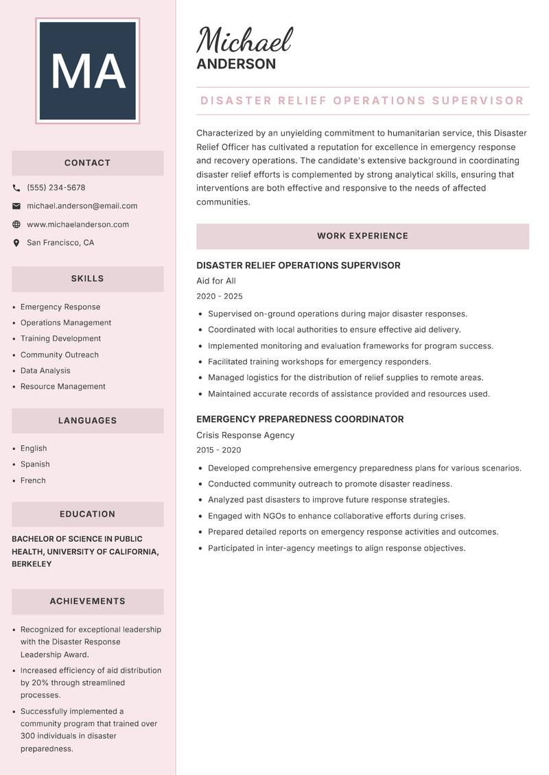 Disaster Relief Officer resume sample — Disaster Relief Operations Supervisor focus