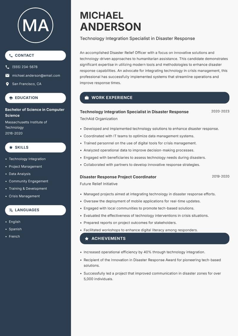 Disaster Relief Officer resume sample — Technology Integration Specialist in Disaster Response focus