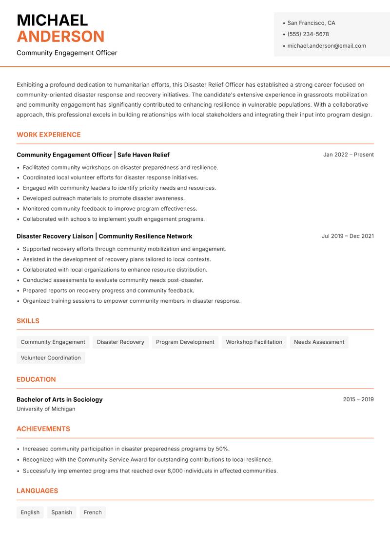 Disaster Relief Officer resume sample — Community Engagement Officer focus
