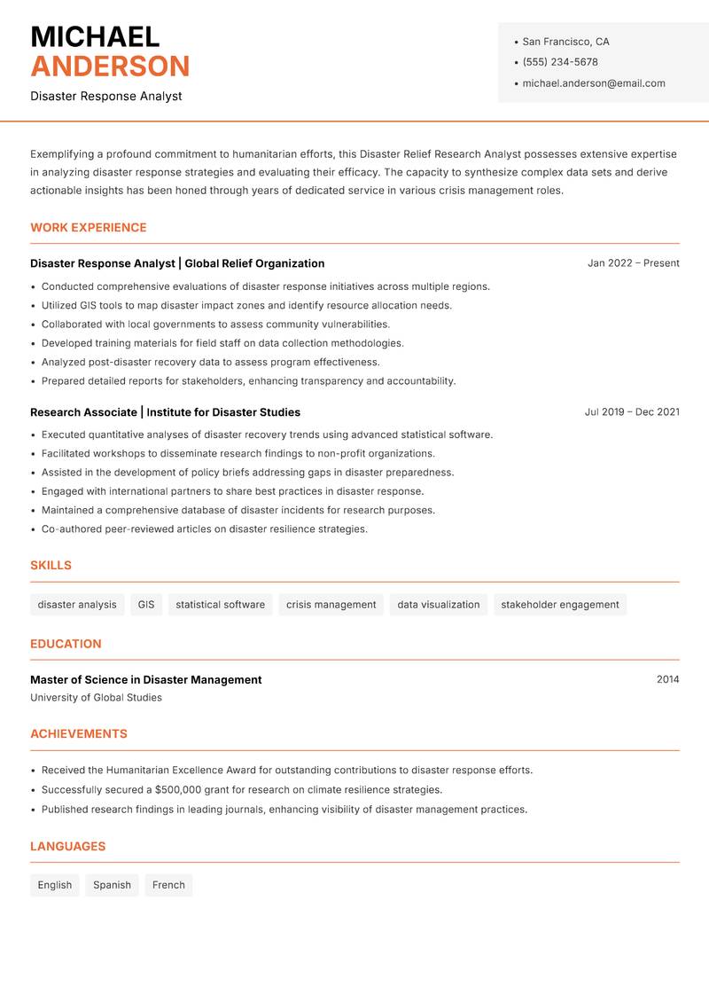 Disaster Relief Research Analyst resume sample — Disaster Response Analyst focus