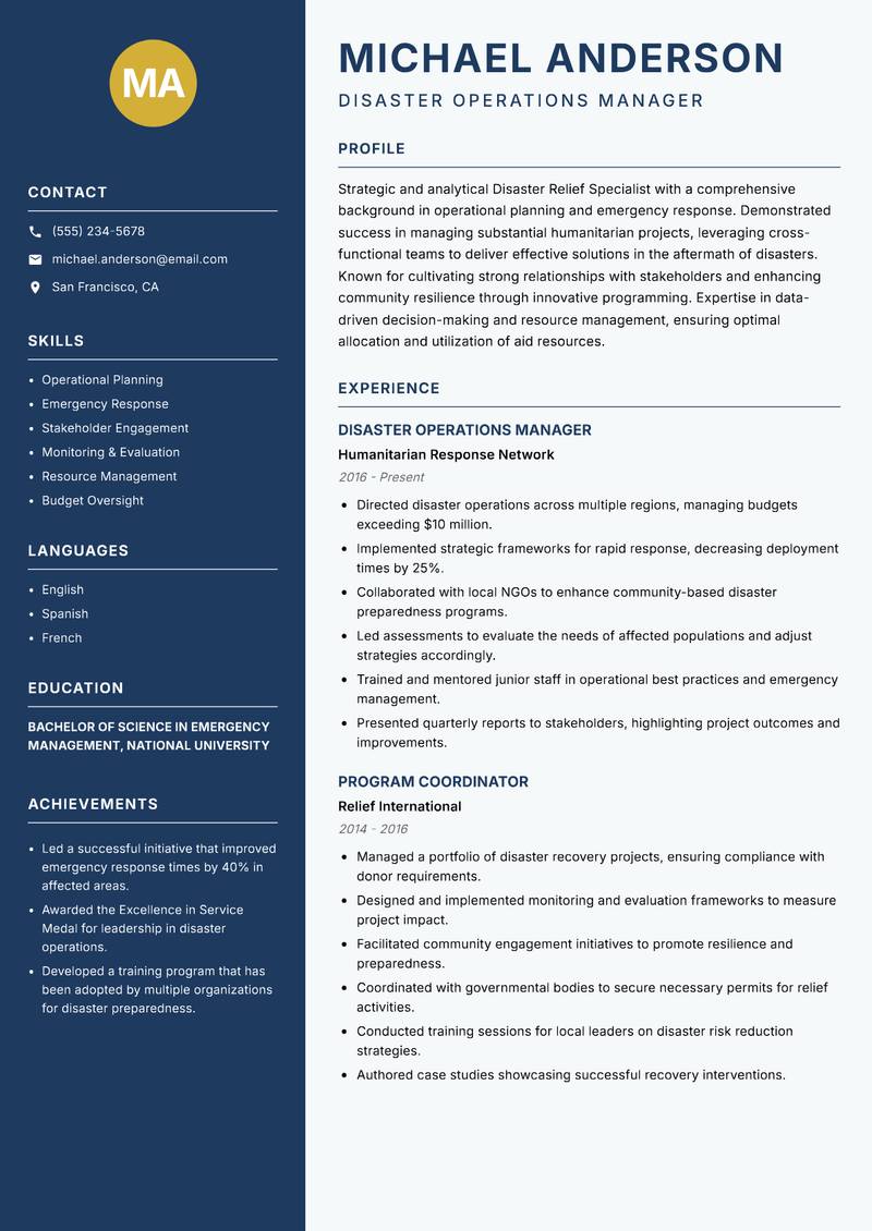 Disaster Relief Specialist resume sample — Disaster Operations Manager focus