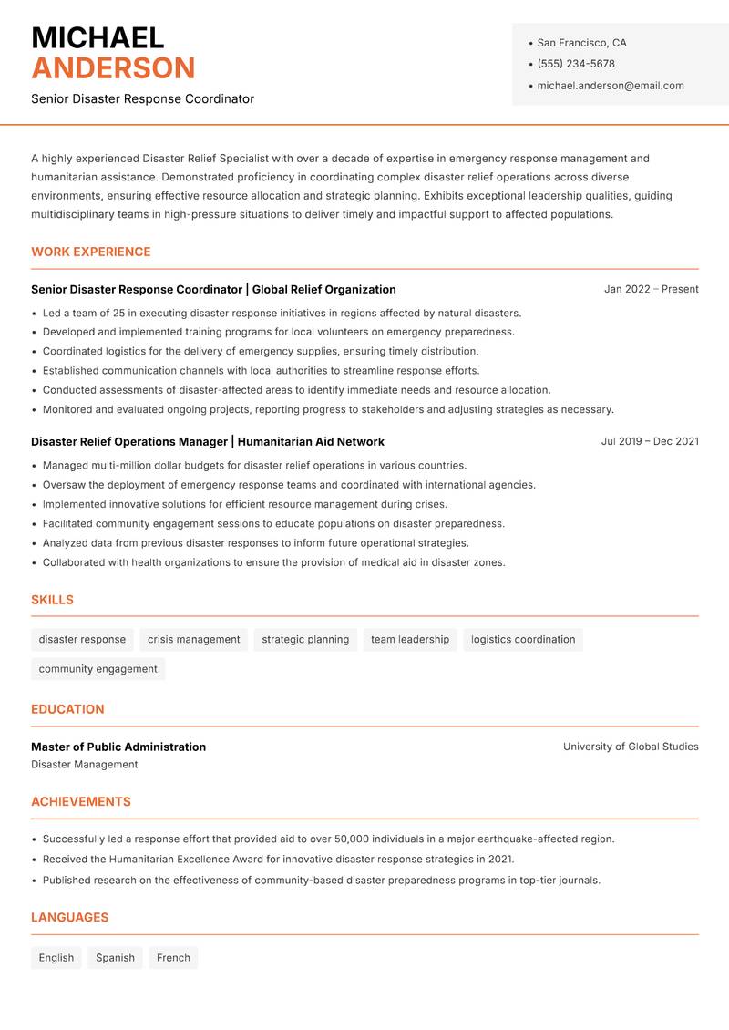 Disaster Relief Specialist resume sample — Senior Disaster Response Coordinator focus