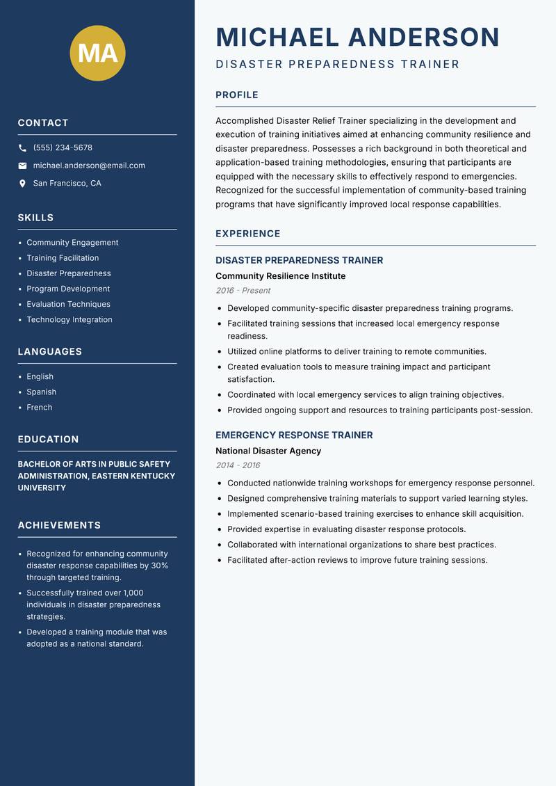 Disaster Relief Trainer resume sample — Disaster Preparedness Trainer focus