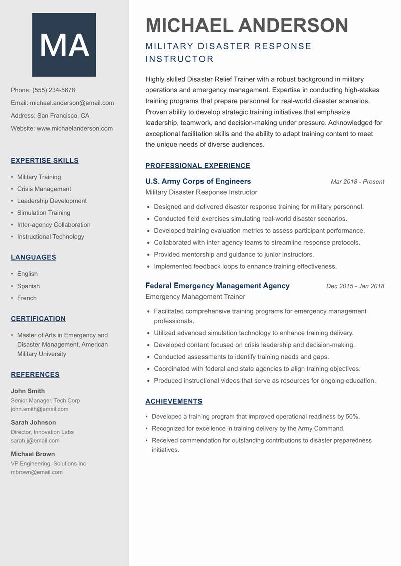 Disaster Relief Trainer resume sample — Military Disaster Response Instructor focus