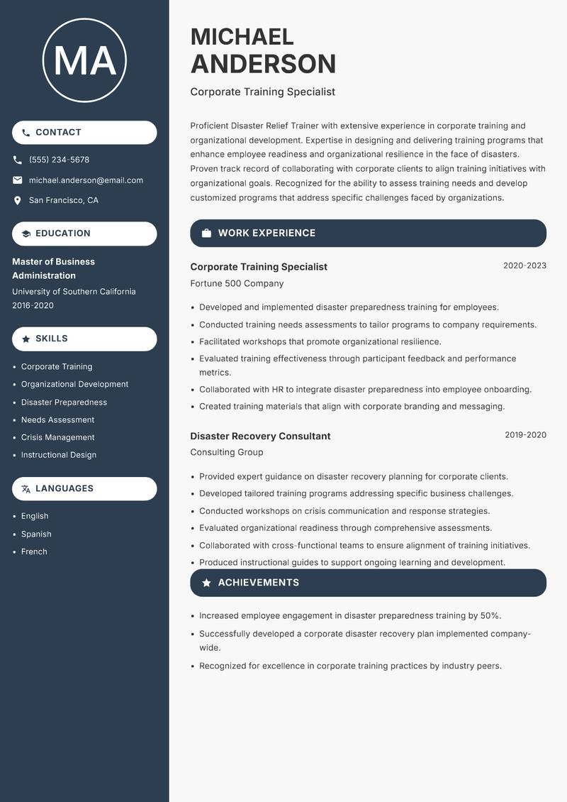 Disaster Relief Trainer resume sample — Corporate Training Specialist focus