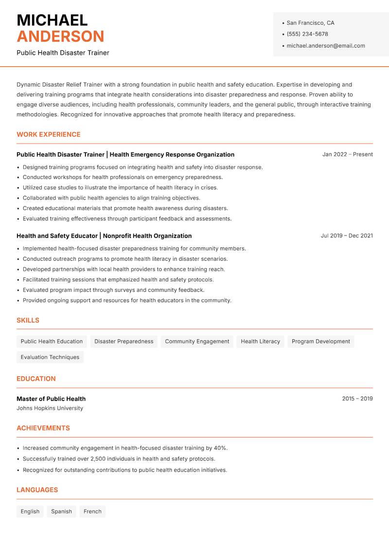 Disaster Relief Trainer resume sample — Public Health Disaster Trainer focus