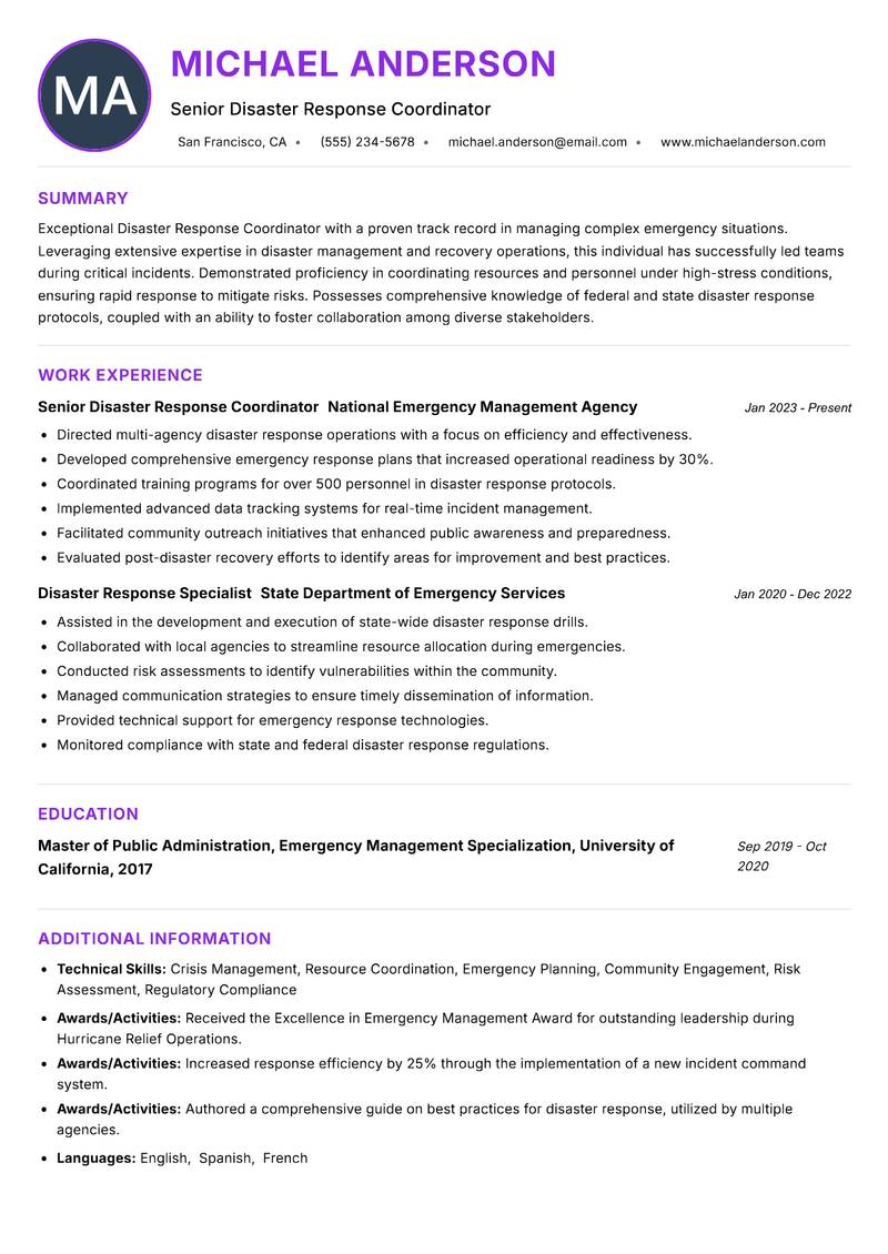 Disaster Response Coordinator resume example