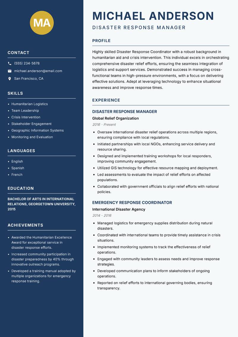 Disaster Response Coordinator resume sample — Disaster Response Manager focus