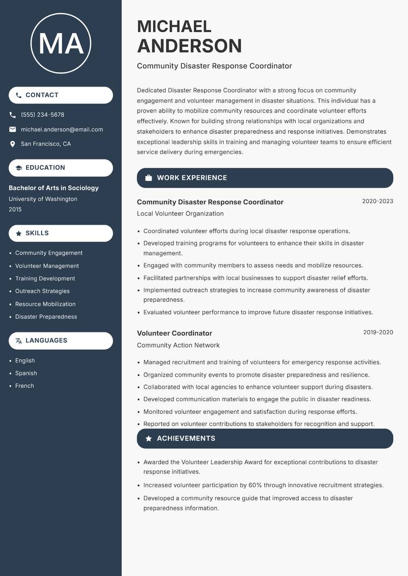 Disaster Response Coordinator resume sample — Community Disaster Response Coordinator focus