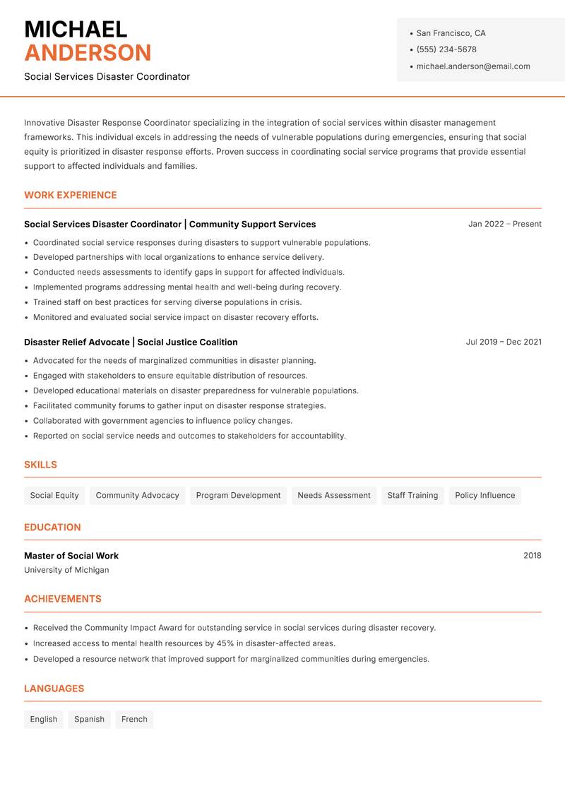 Disaster Response Coordinator resume sample — Social Services Disaster Coordinator focus
