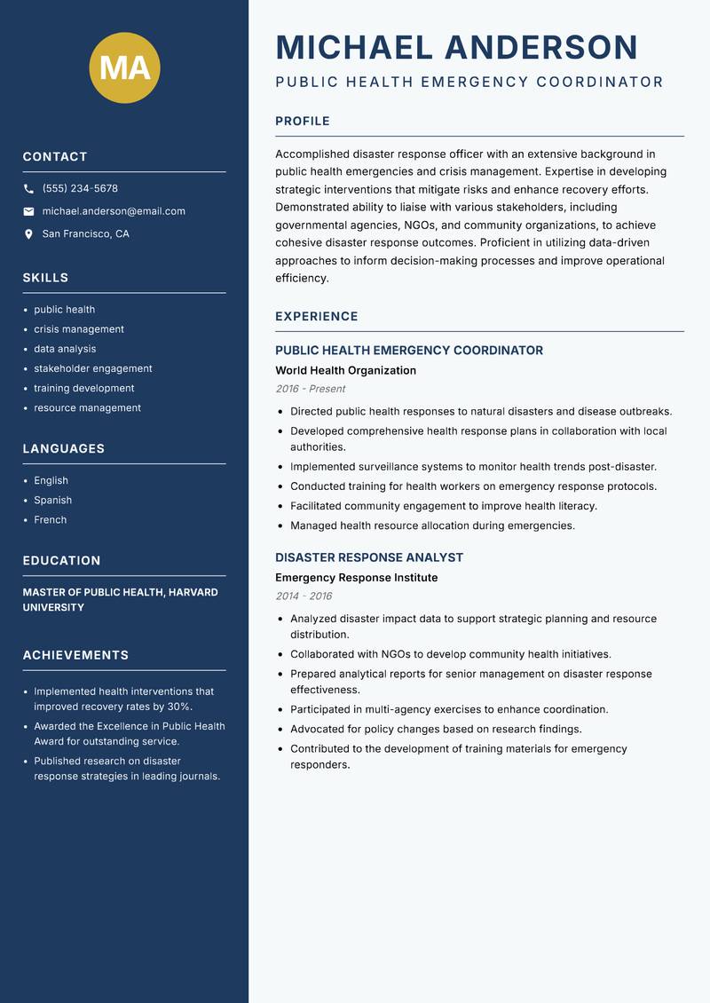 Disaster Response Officer resume sample — Public Health Emergency Coordinator focus