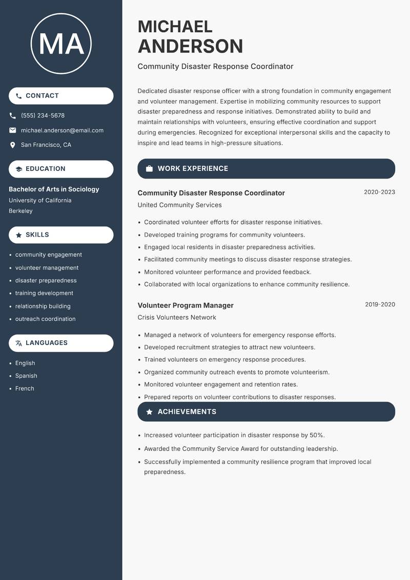 Disaster Response Officer resume sample — Community Disaster Response Coordinator focus