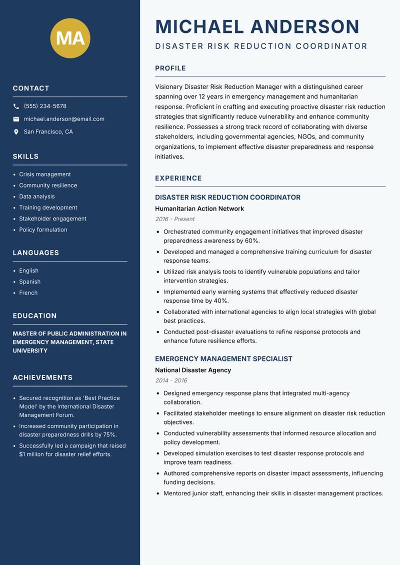Disaster Risk Reduction Manager resume sample — Disaster Risk Reduction Coordinator focus