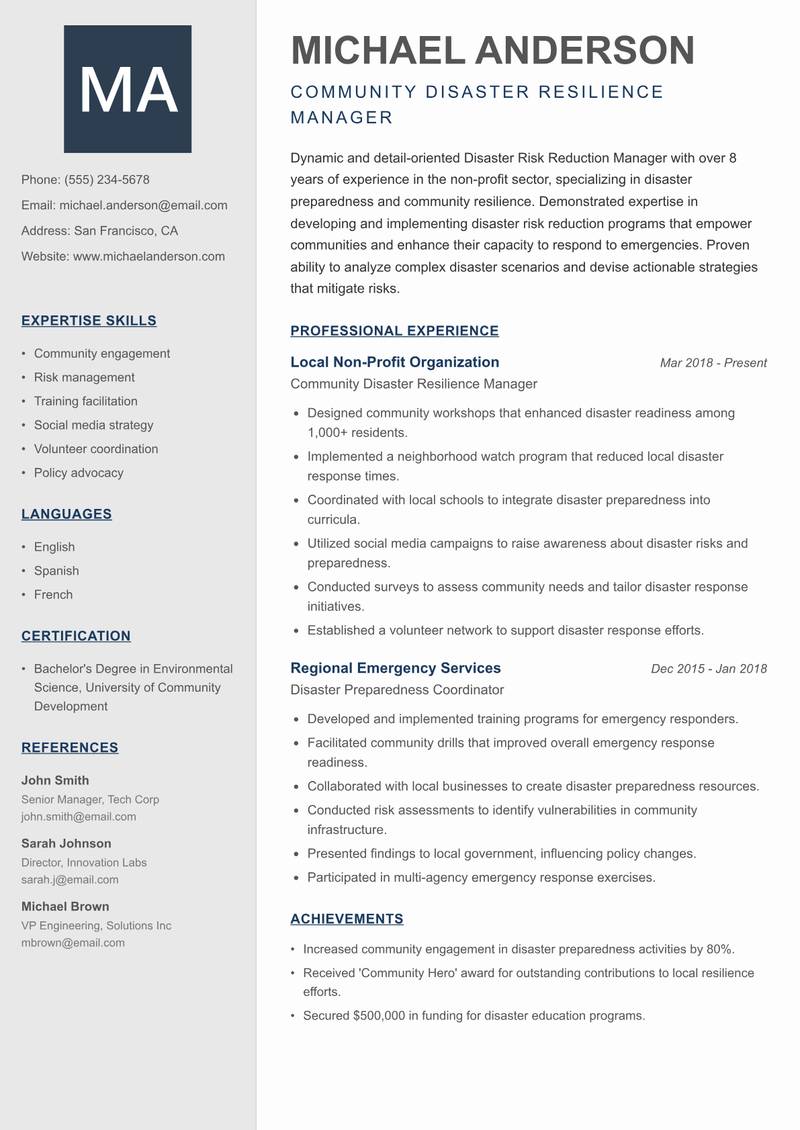 Disaster Risk Reduction Manager resume sample — Community Disaster Resilience Manager focus