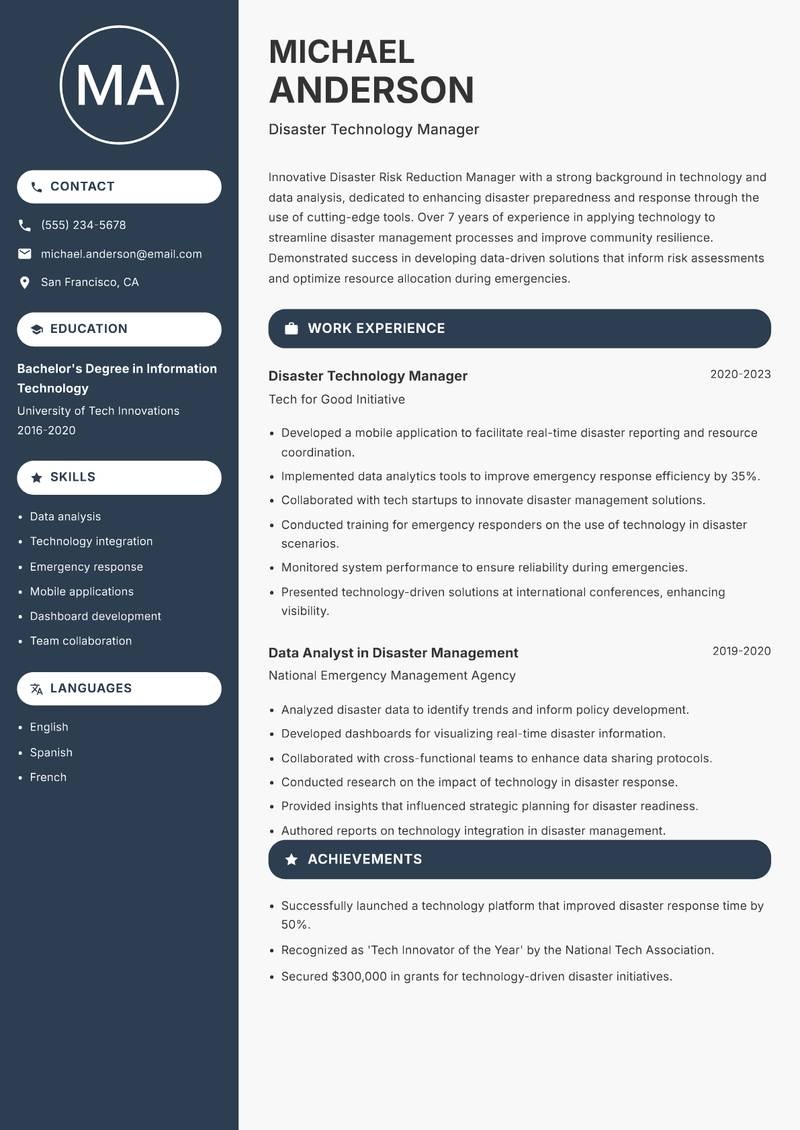 Disaster Risk Reduction Manager resume sample — Disaster Technology Manager focus