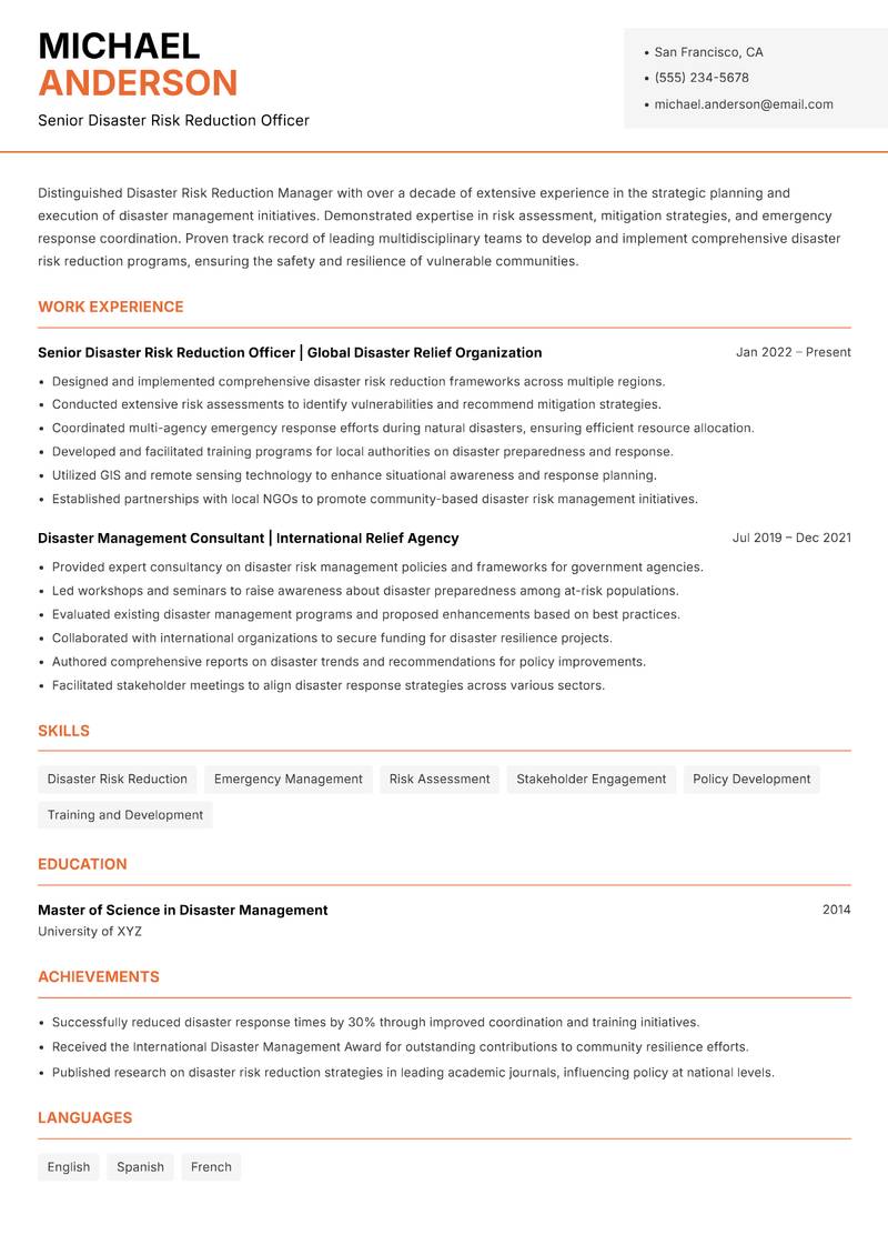 Disaster Risk Reduction Manager resume sample — Senior Disaster Risk Reduction Officer focus