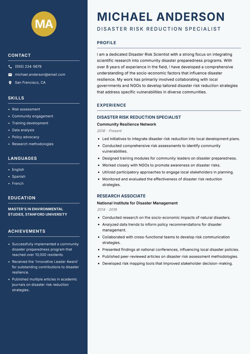 Disaster Risk Scientist resume sample — Disaster Risk Reduction Specialist focus