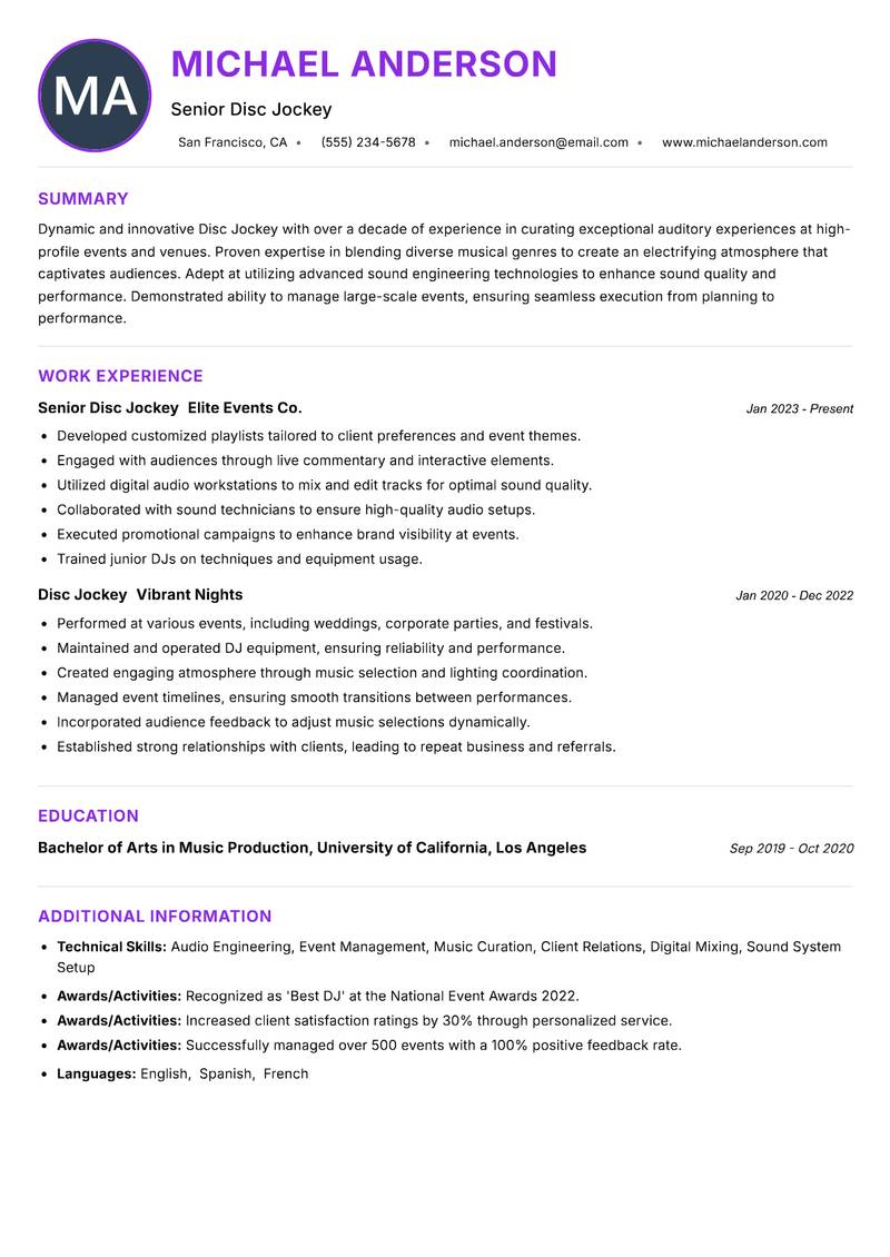 Disc Jockey resume example