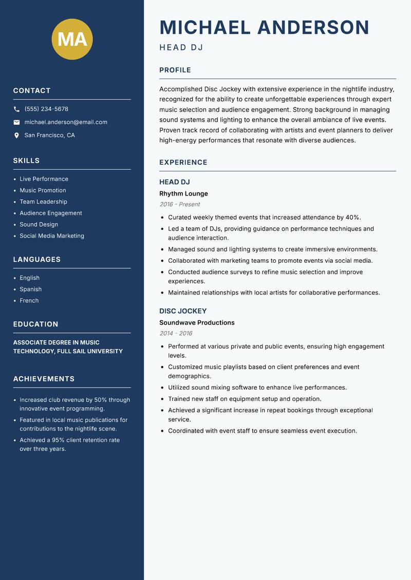 Disc Jockey resume sample — Head DJ focus