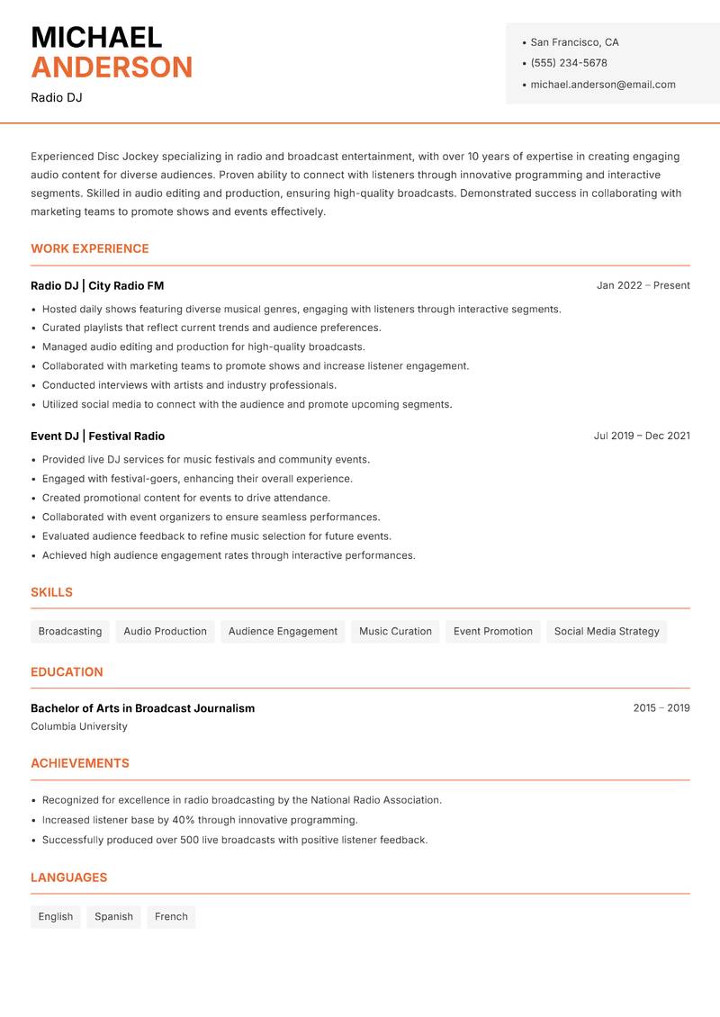 Disc Jockey resume sample — Radio DJ focus