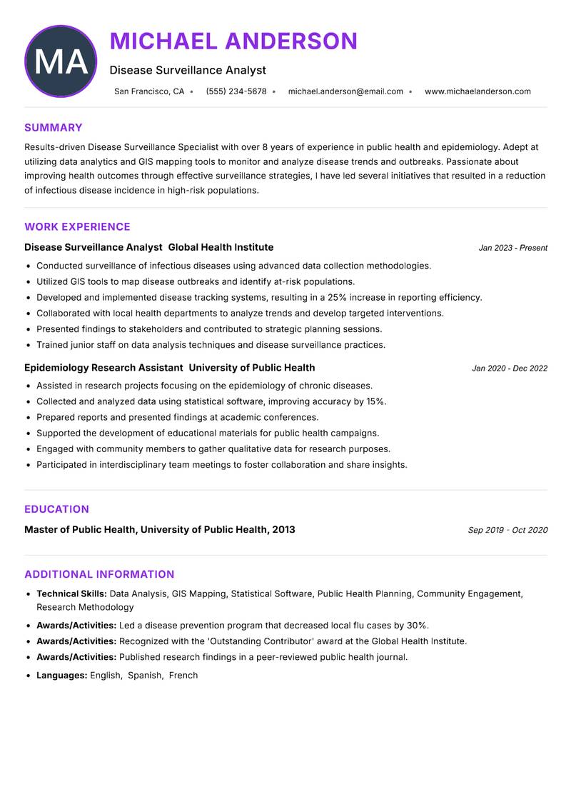 Disease Surveillance Specialist resume example