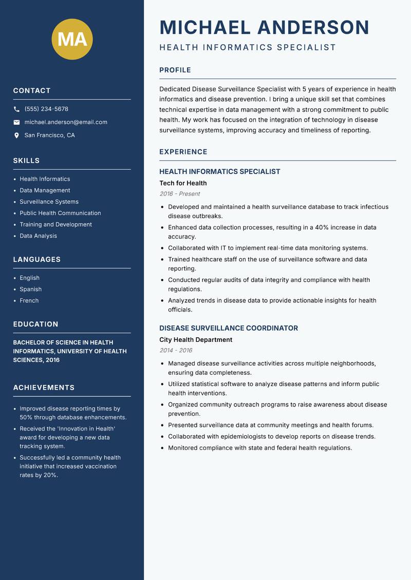 Disease Surveillance Specialist resume sample — Health Informatics Specialist focus