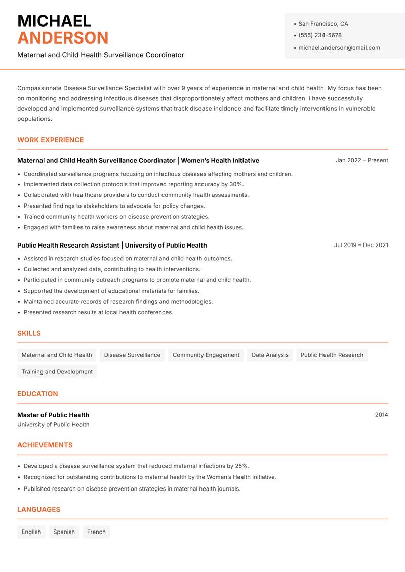 Disease Surveillance Specialist resume sample — Maternal and Child Health Surveillance Coordinator focus