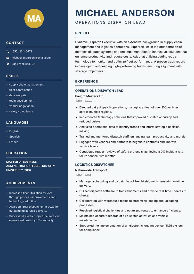 Dispatch Executive resume sample — Operations Dispatch Lead focus