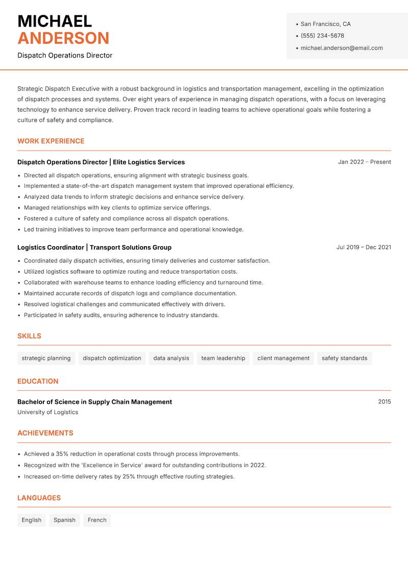 Dispatch Executive resume sample — Dispatch Operations Director focus