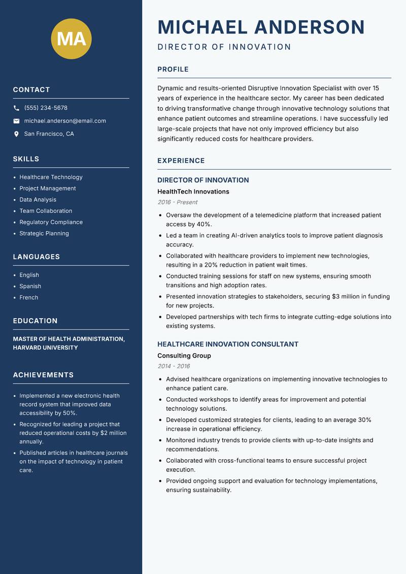 Disruptive Innovation Specialist resume sample — Director of Innovation focus