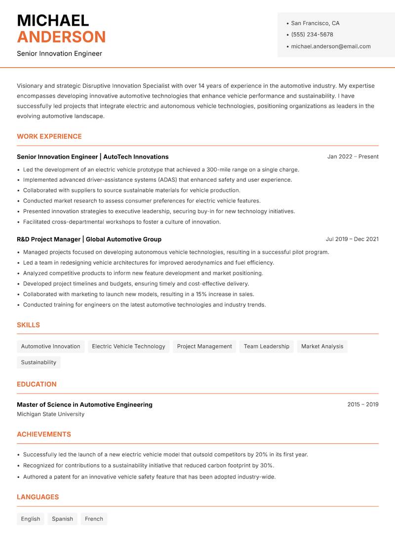 Disruptive Innovation Specialist resume sample — Senior Innovation Engineer focus