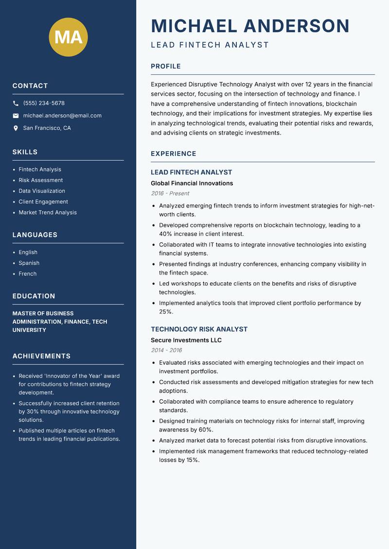 Disruptive Technology Analyst resume sample — Lead Fintech Analyst focus