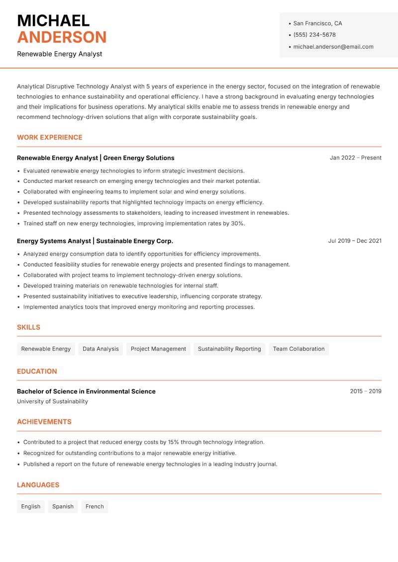 Disruptive Technology Analyst resume sample — Renewable Energy Analyst focus