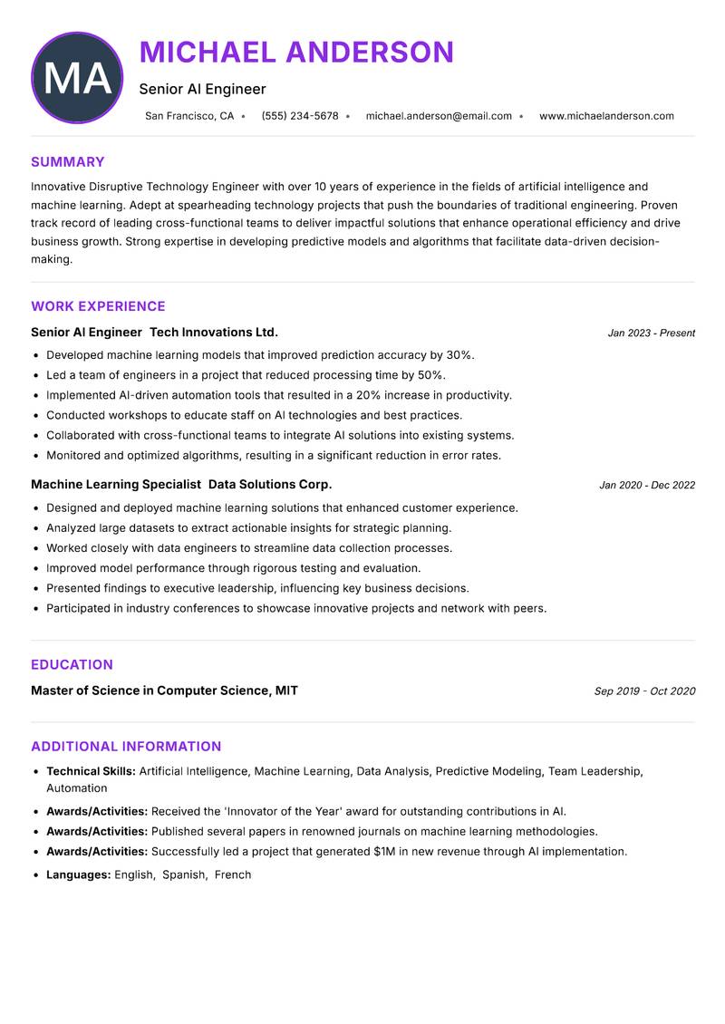 Disruptive Technology Engineer resume example
