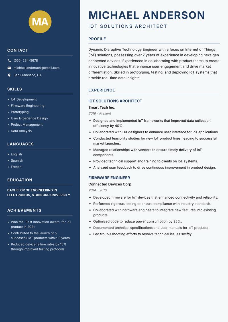 Disruptive Technology Engineer resume sample — IoT Solutions Architect focus