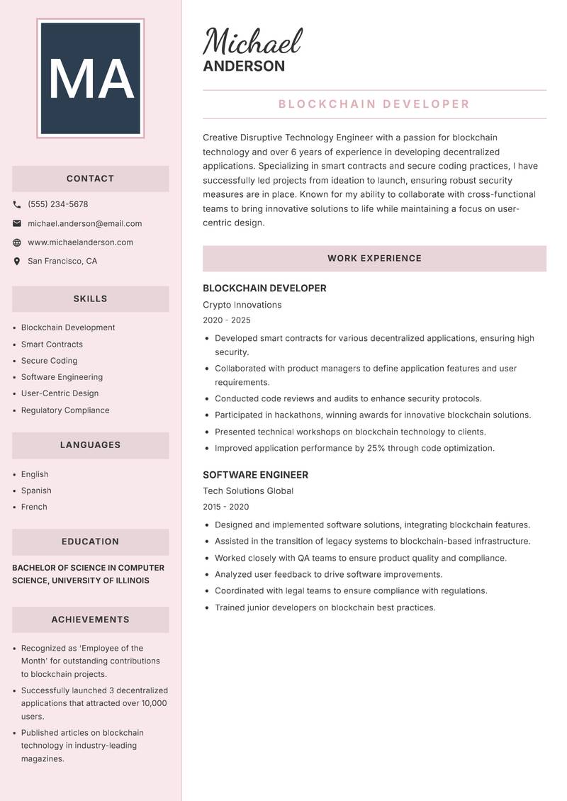 Disruptive Technology Engineer resume sample — Blockchain Developer focus